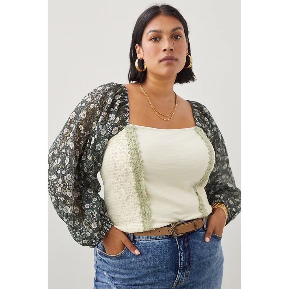NWT ANTHROPOLOGIE SMOCKED BALLOON-SLEEVE TOP IN MOSS - Picture 8 of 9